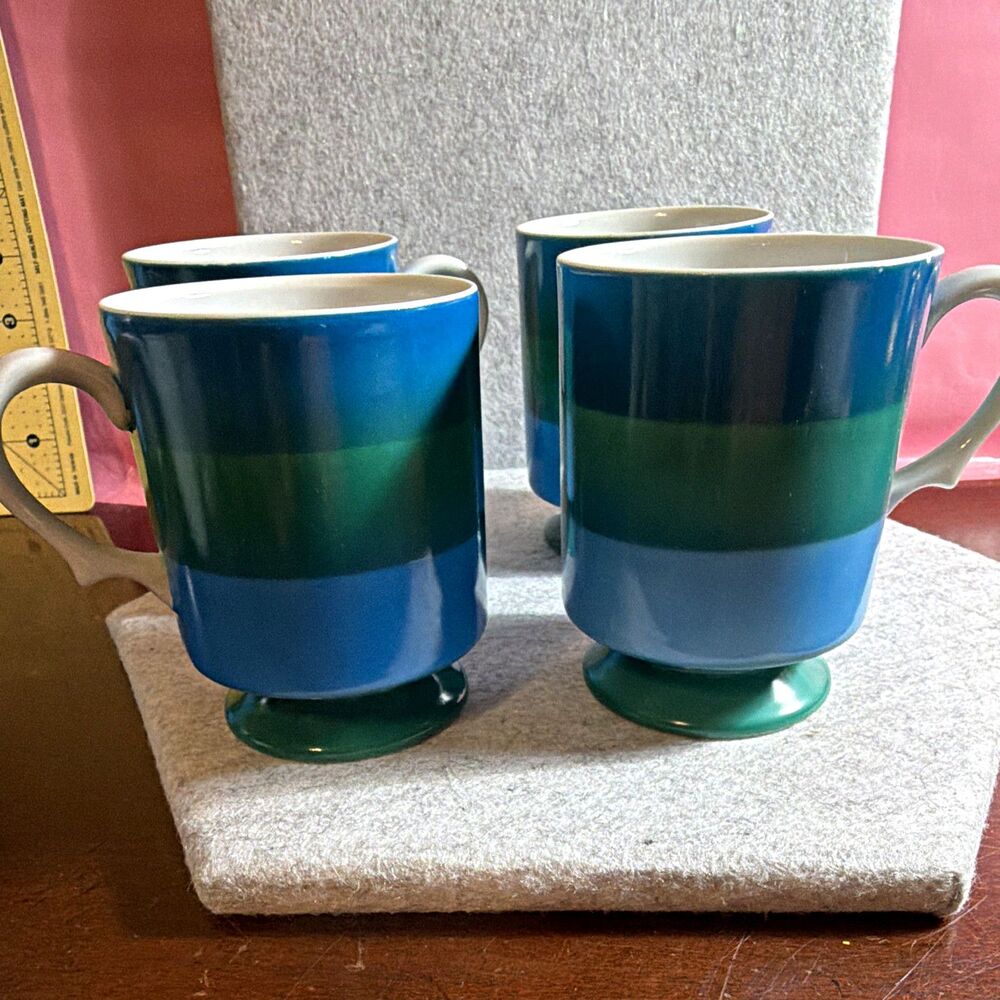 Holt-Howard Set of 4 Japan Vtg 1966 Pedestal Mugs Blue Green Stripe MCM